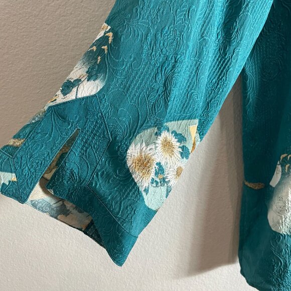 Citron Santa Monica Womens Large Teal 100% Silk Asian Fan Print Button Up Blouse - Picture 9 of 13